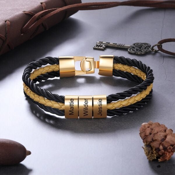 Personalized gold leather bracelet 3 names for men 4