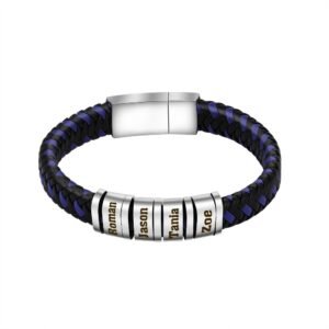 Bracelet en cuir bleu tissé personnalisé multi-prénoms